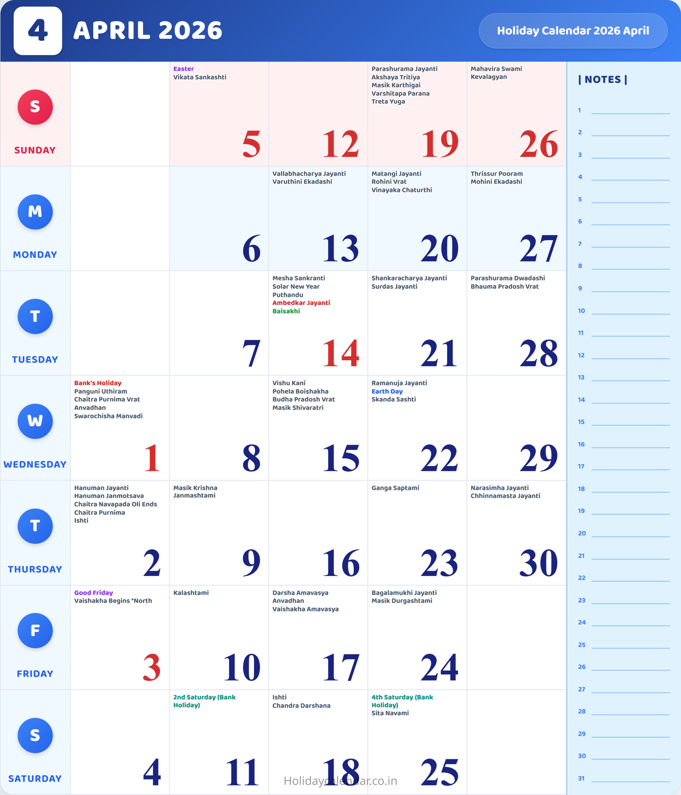 April 2026 Calendar With Holidays