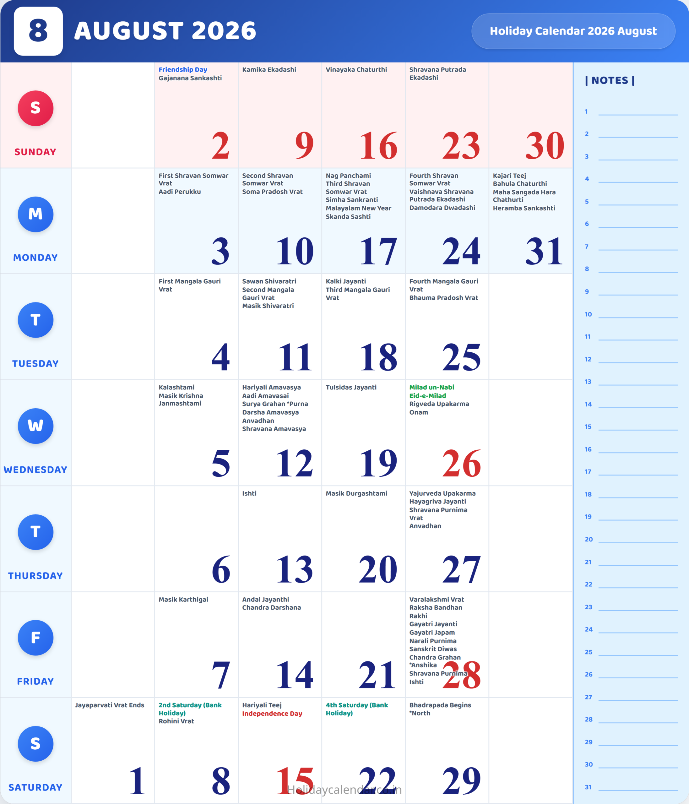 August 2026 Calendar With Holidays