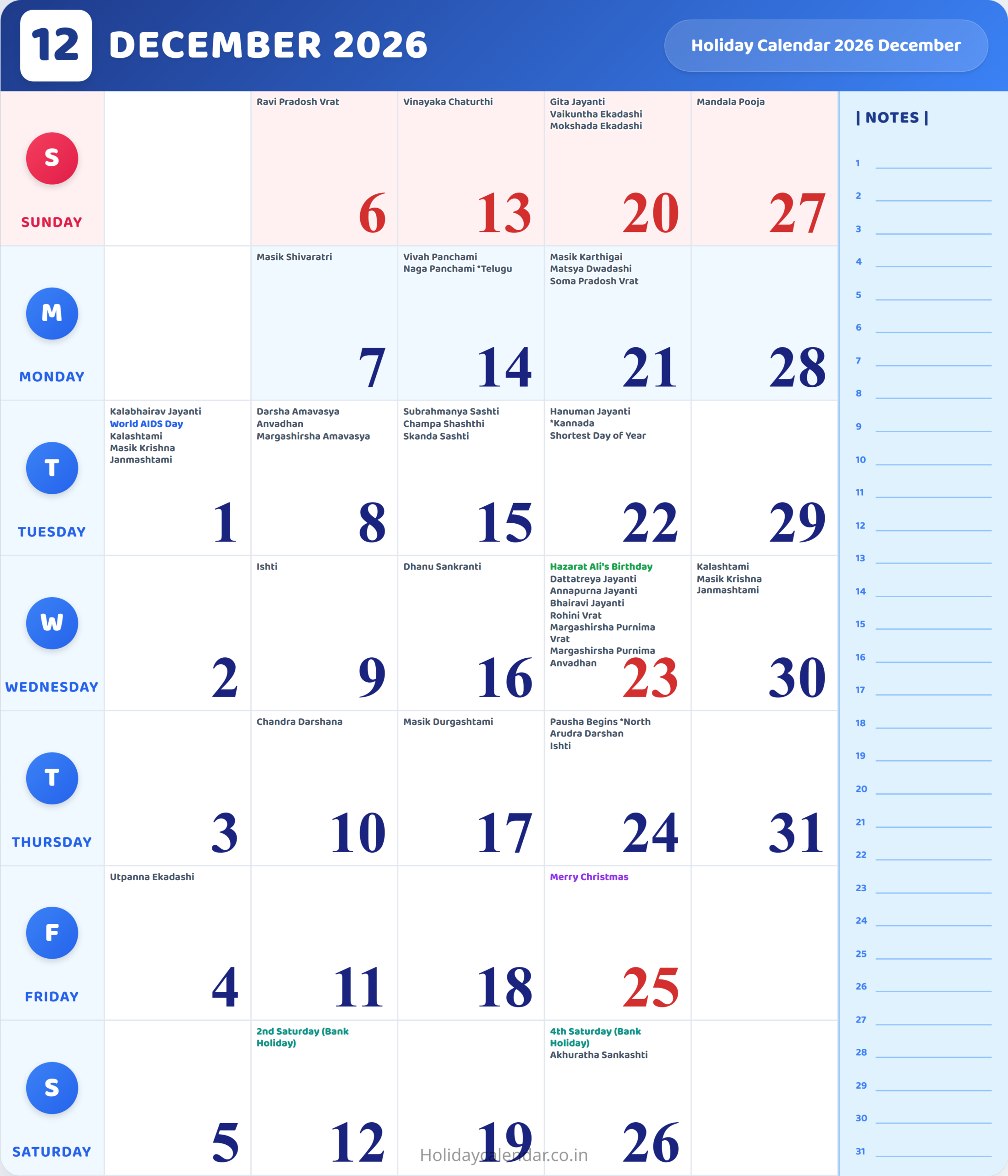 December 2026 Calendar With Holidays