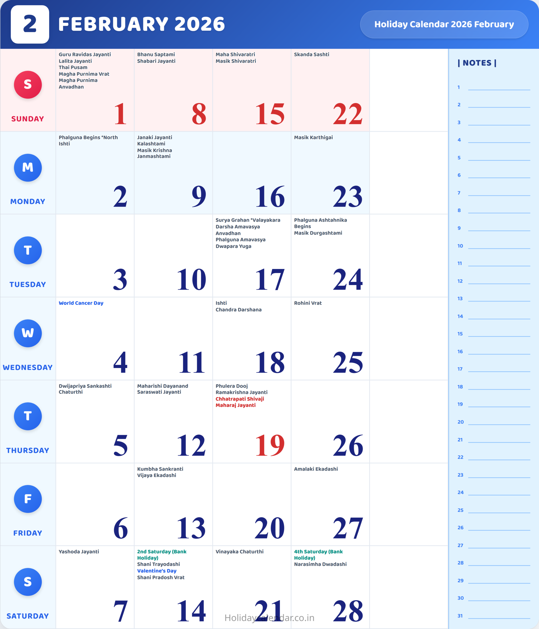February 2026 Calendar With Holidays