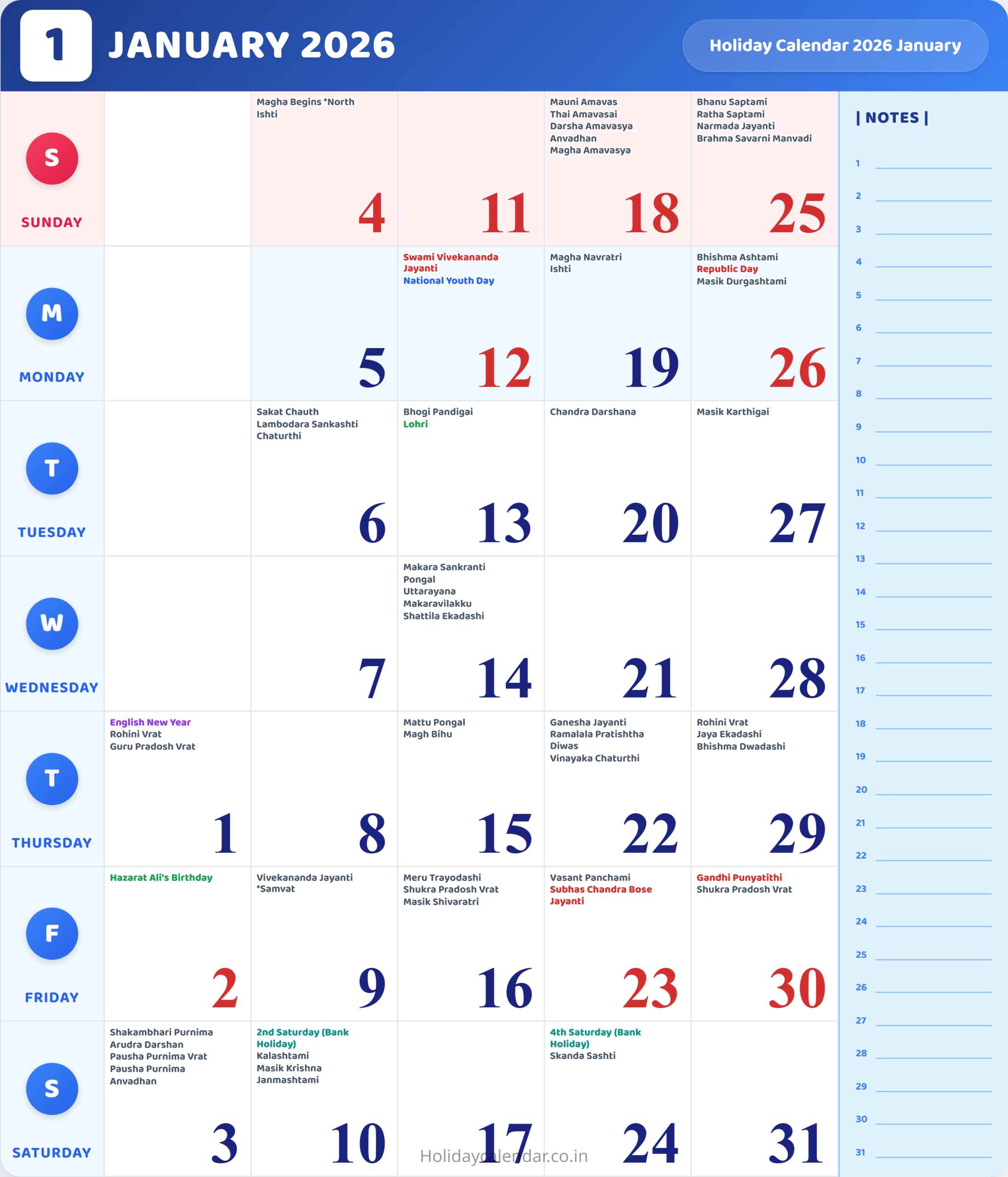 January 2026 calendar with holidays