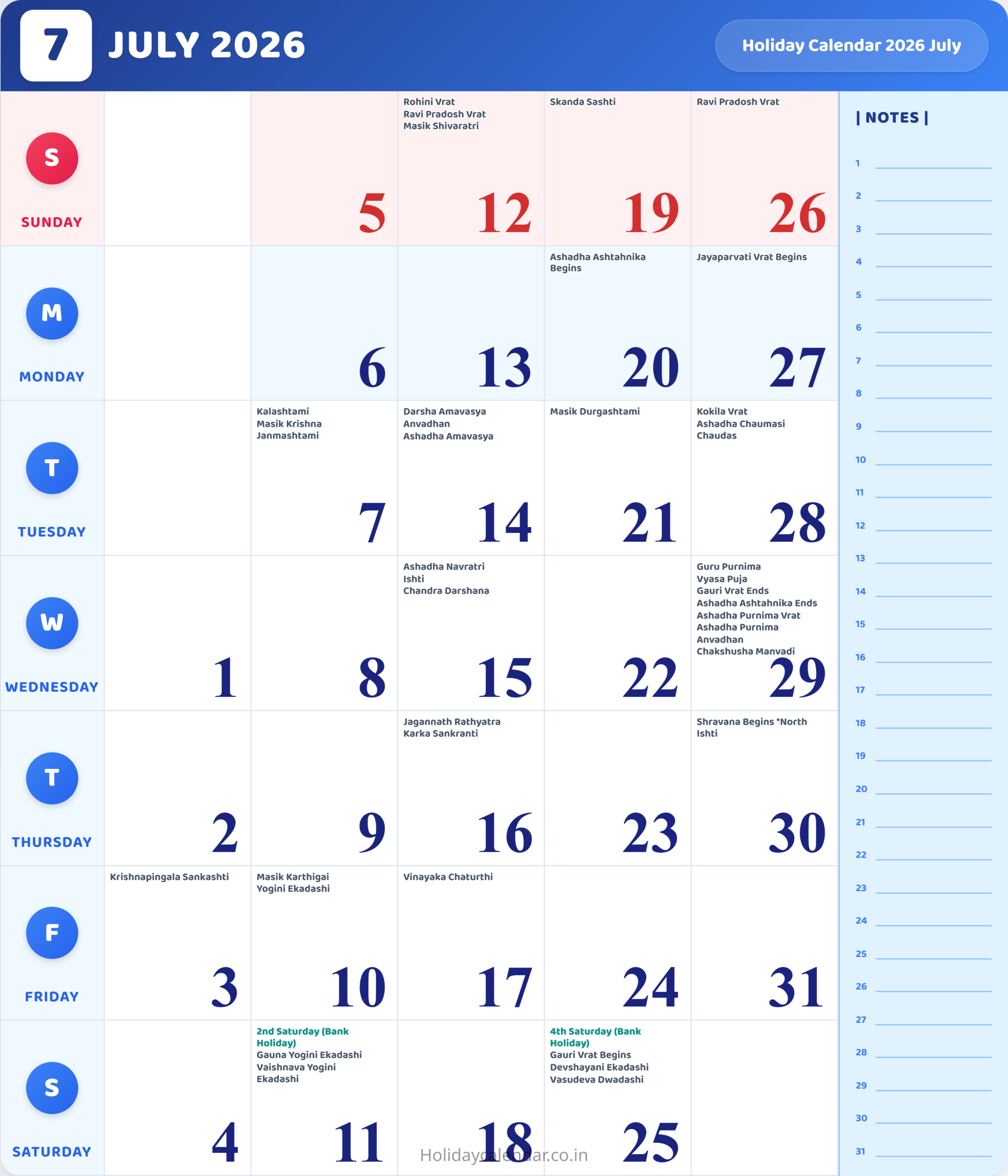 July 2026 Calendar With Holidays