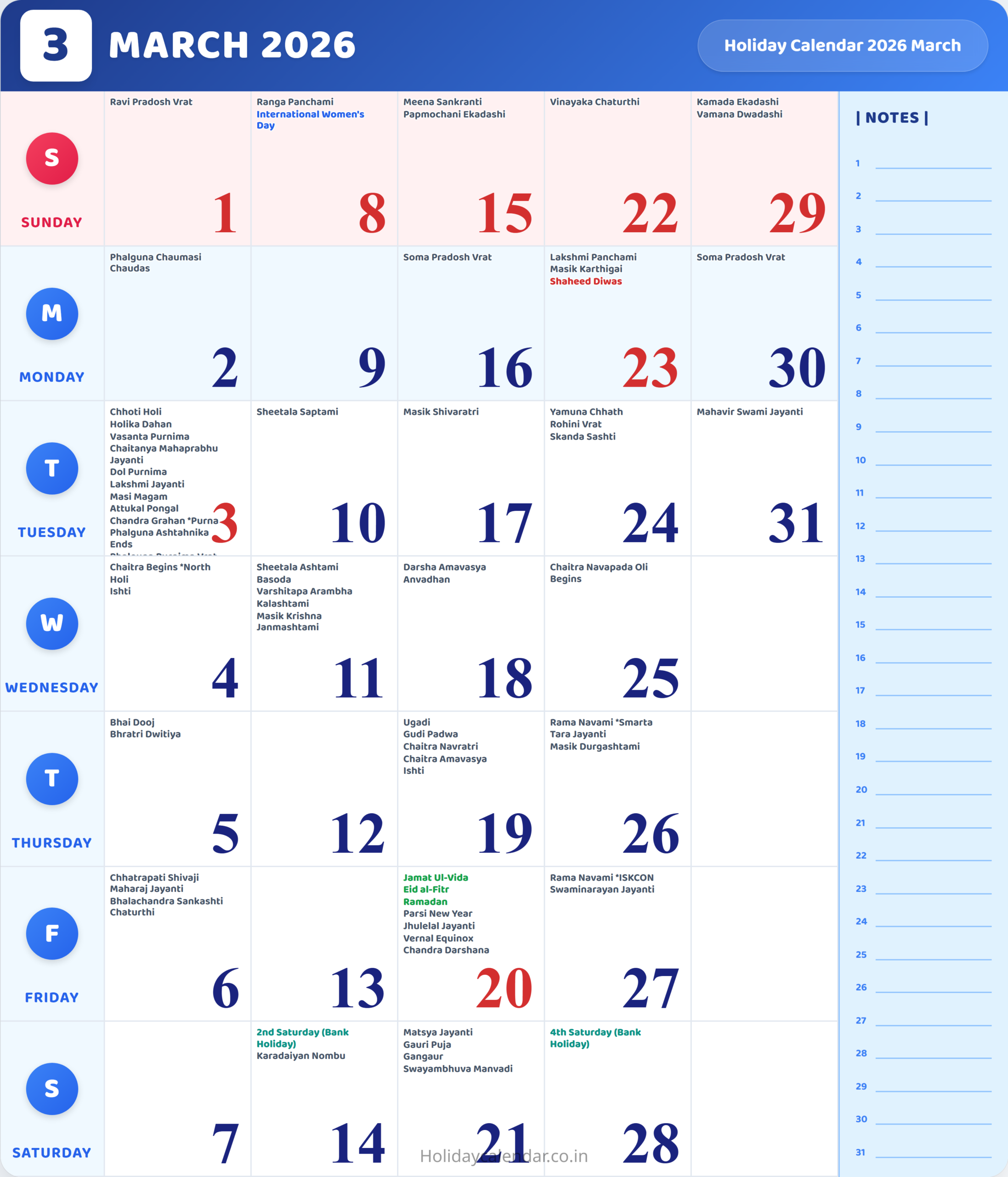 March 2026 Calendar With Holidays