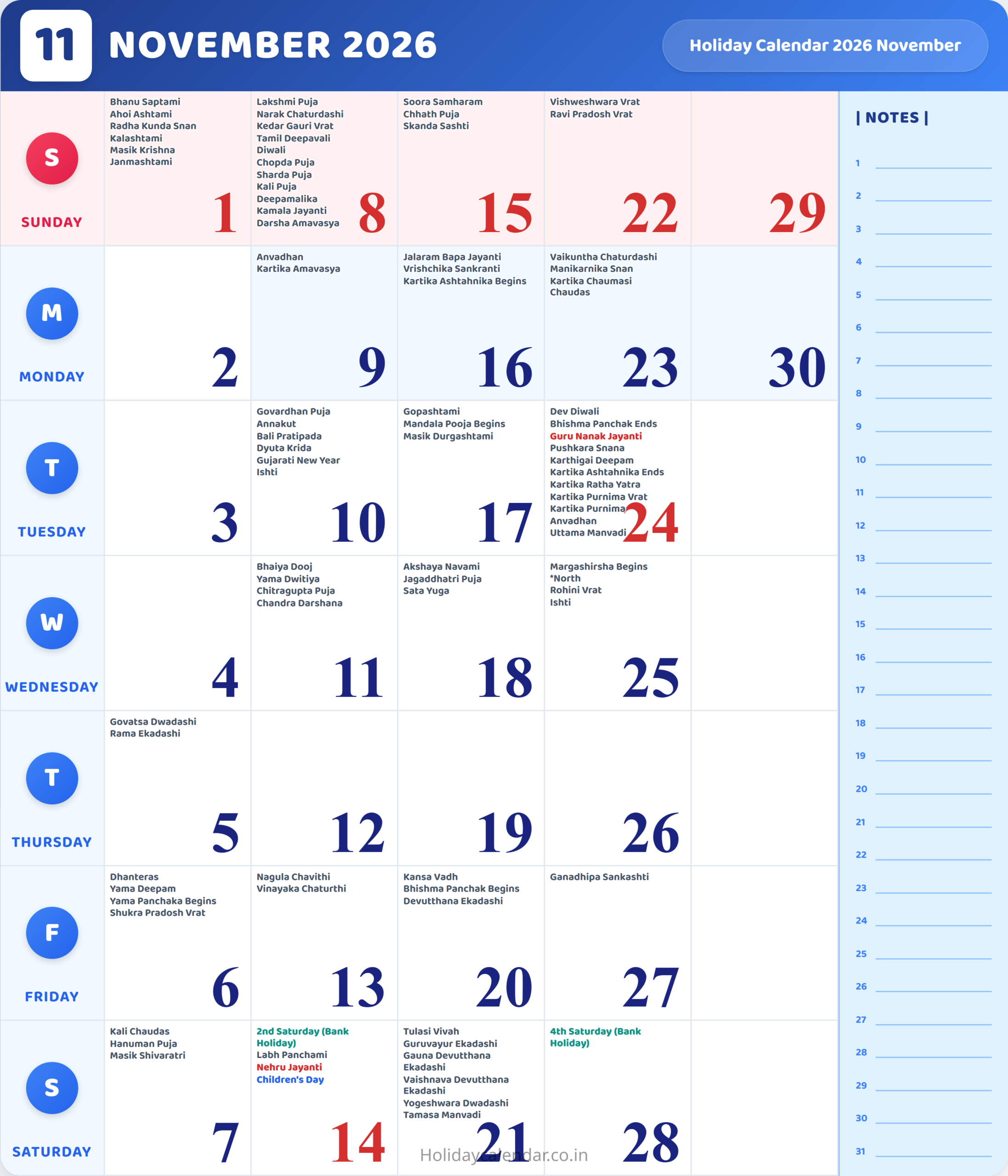 November 2026 Calendar With Holidays
