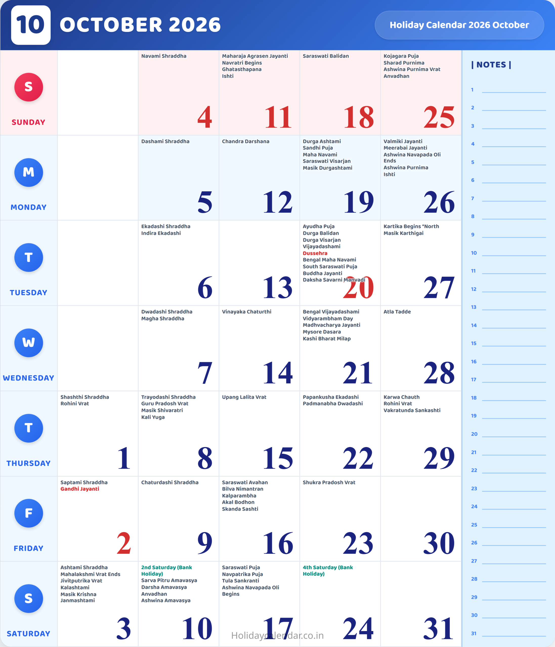 October 2026 Calendar With Holidays