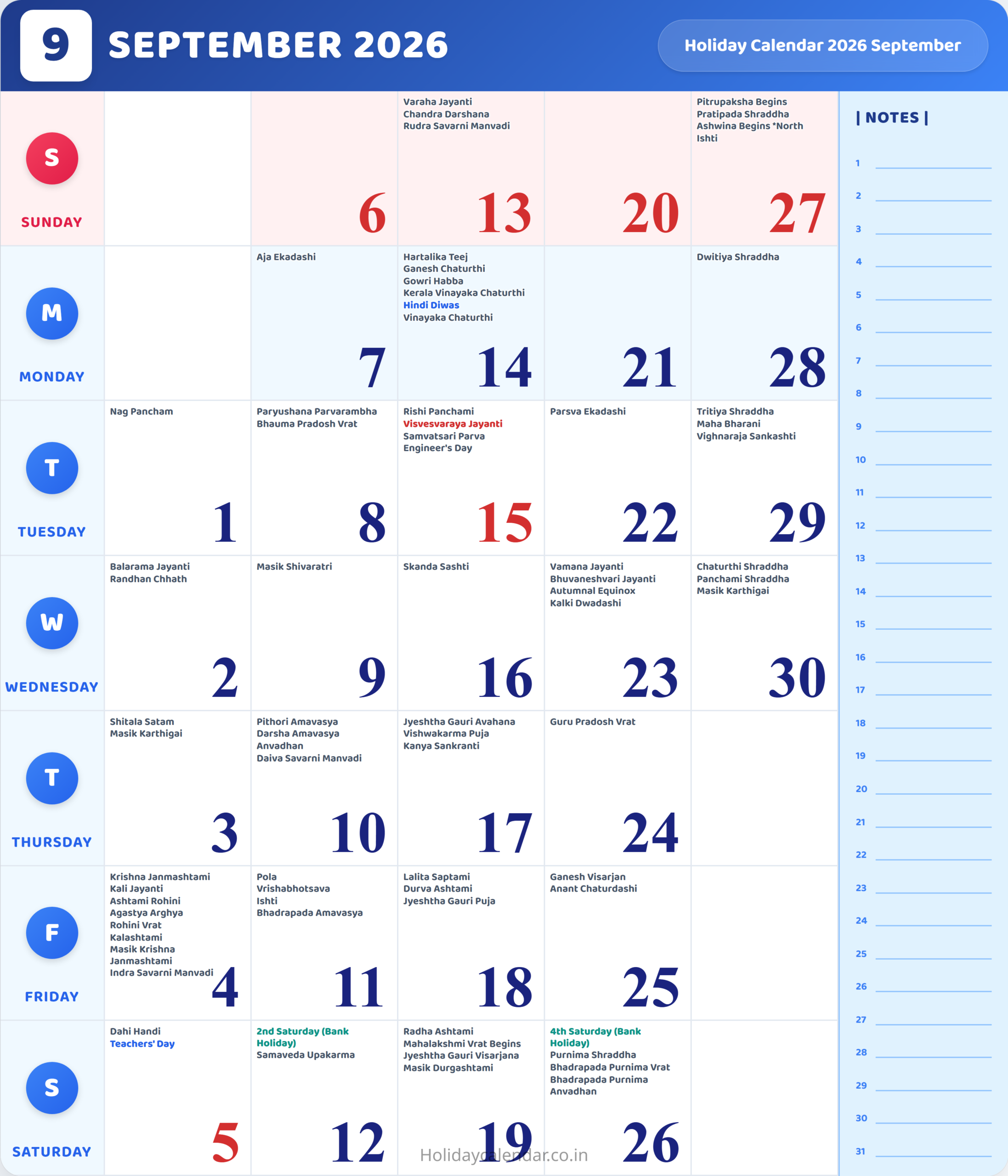 September 2026 Calendar With Holidays